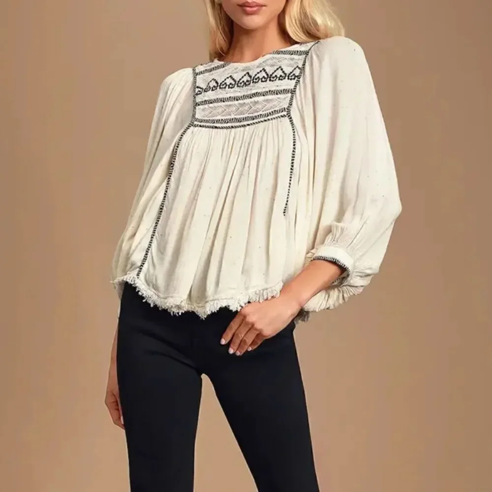 Free People Boho Cyprus Avenue Ivory Embroidered Top Blouse Size XS